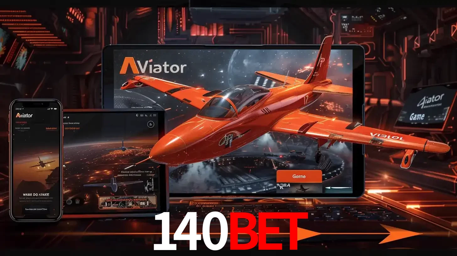 Apresentação tecnológica do jogo Aviator com um avião saindo da tela de um tablet, demonstrando a experiência imersiva em múltiplos dispositivos no 140BET.