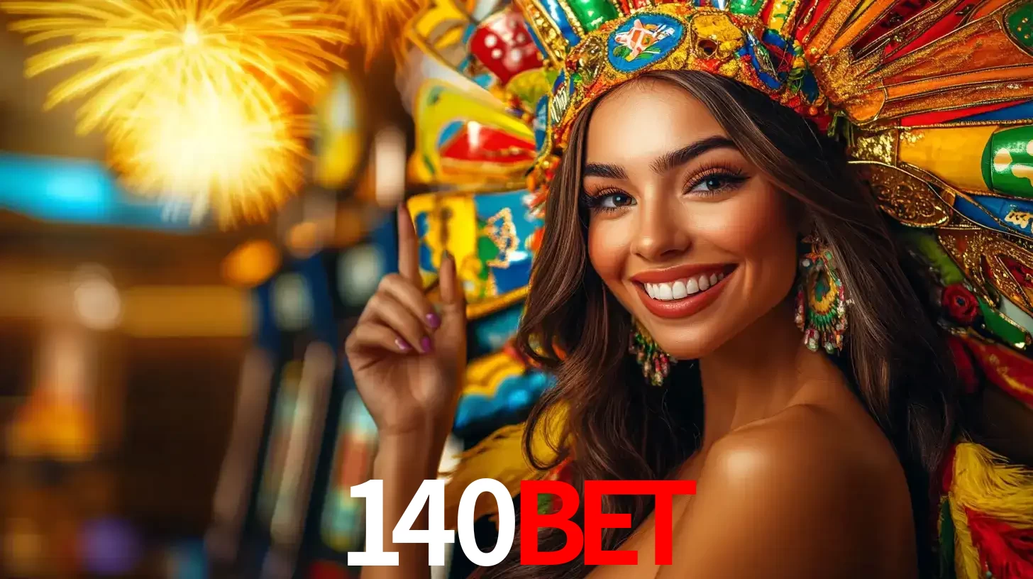 Mulher sorridente com um cocar de carnaval vibrante e colorido, celebrando uma grande vitória nos jogos do cassino 140BET com fogos de artifício ao fundo.