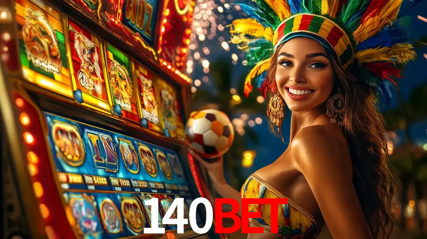 Mulher com um cocar de carnaval ao lado de uma máquina de caça-níqueis enquanto segura uma bola de futebol, mostrando a união da diversão de cassino e esportes no 140BET.