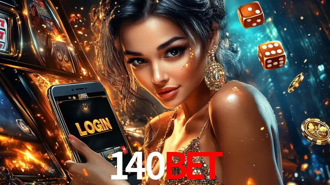 Mulher glamourosa segurando um celular com a tela de login do cassino 140BET, rodeada por dados e moedas douradas, pronta para começar a diversão.