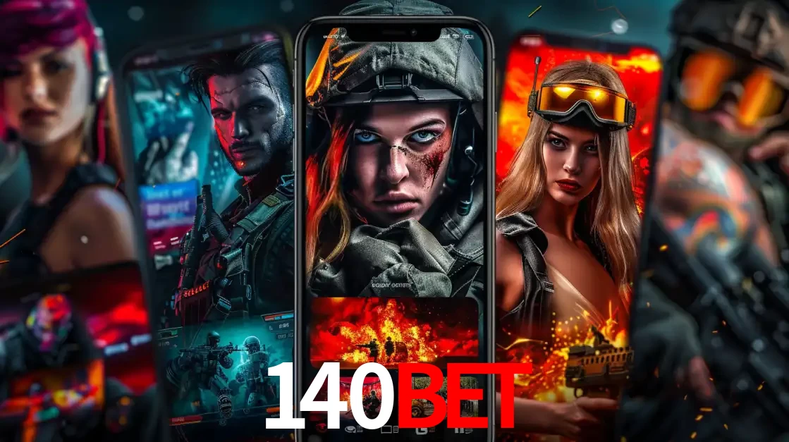 Montagem de telas de celular mostrando diversos personagens, masculinos e femininos, de um jogo de tiro, ilustrando a diversidade de equipes de e-sports para apostar no 140BET.