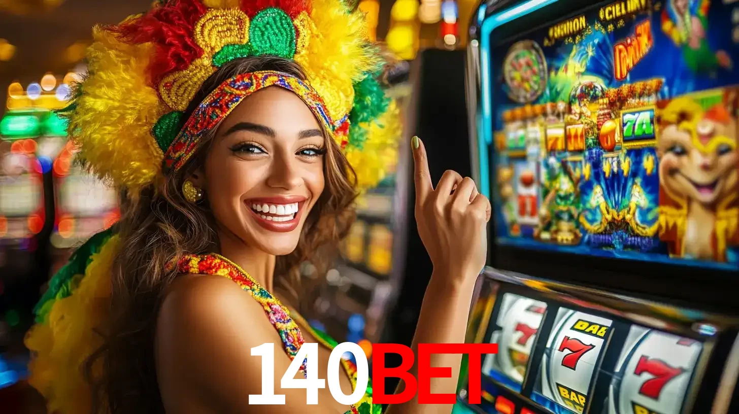 Mulher animada com um cocar de carnaval apontando para uma máquina de caça-níqueis, mostrando a emoção de ganhar um grande prêmio nos jogos do 140BET.