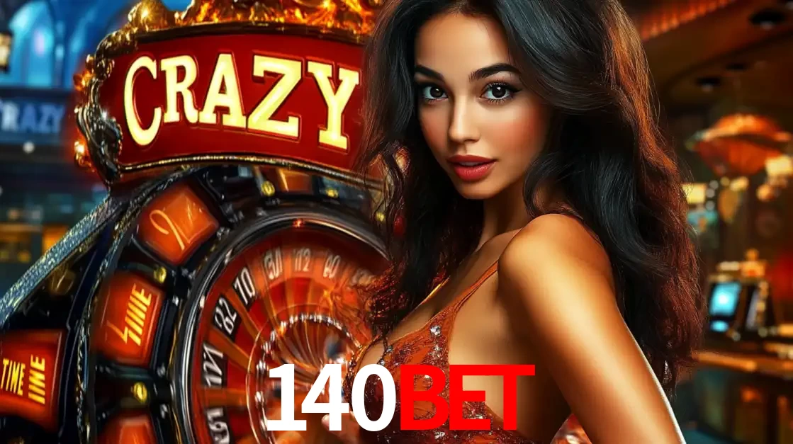 Mulher glamourosa olhando para a câmera com a roda vermelha do Crazy Time ao fundo em um ambiente de cassino, destacando a emoção dos jogos ao vivo no 140BET.