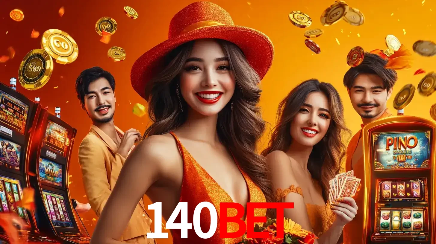 Grupo de amigos asiáticos sorrindo e se divertindo com máquinas de caça-níqueis em um ambiente festivo, celebrando suas vitórias nos jogos de cassino do 140BET.