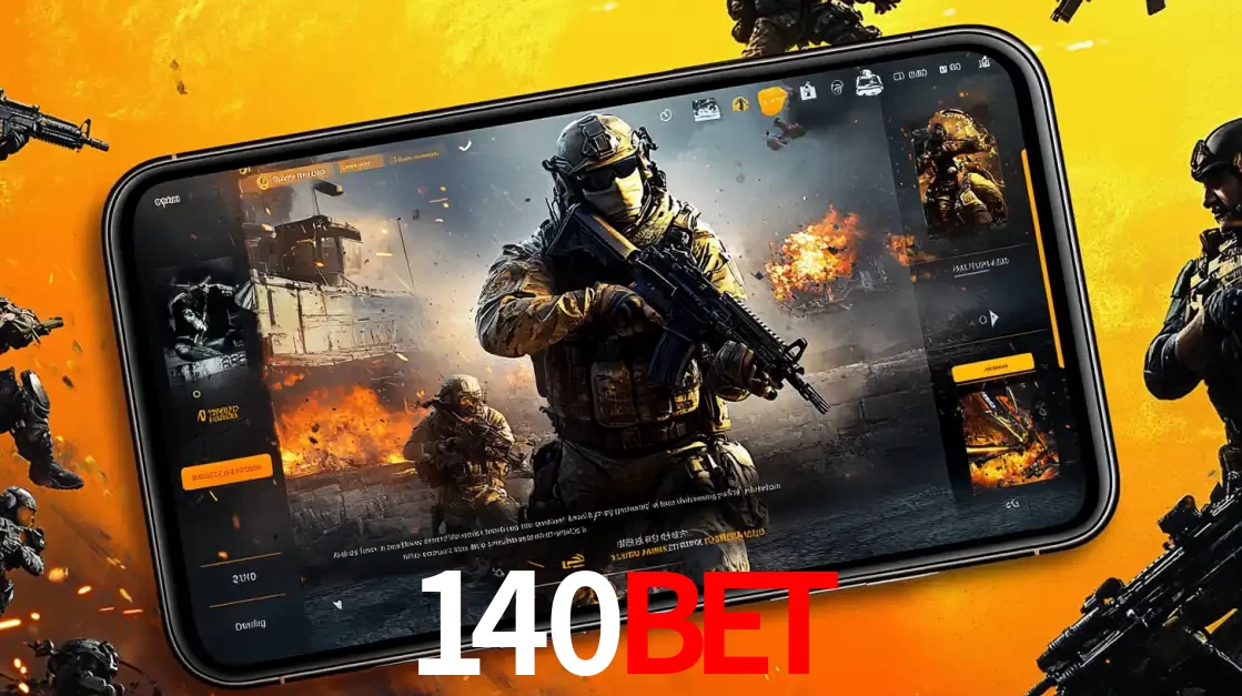 Um smartphone exibindo a interface de um jogo de tiro em primeira pessoa, com um soldado em um cenário de batalha, representando a ação dos e-sports para apostar no 140BET.