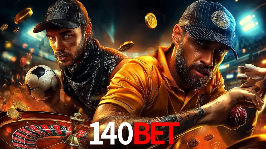 Montagem de apostas esportivas e cassino no 140BET, com um homem segurando uma bola de futebol e outro uma de beisebol sobre uma roleta e moedas voadoras.