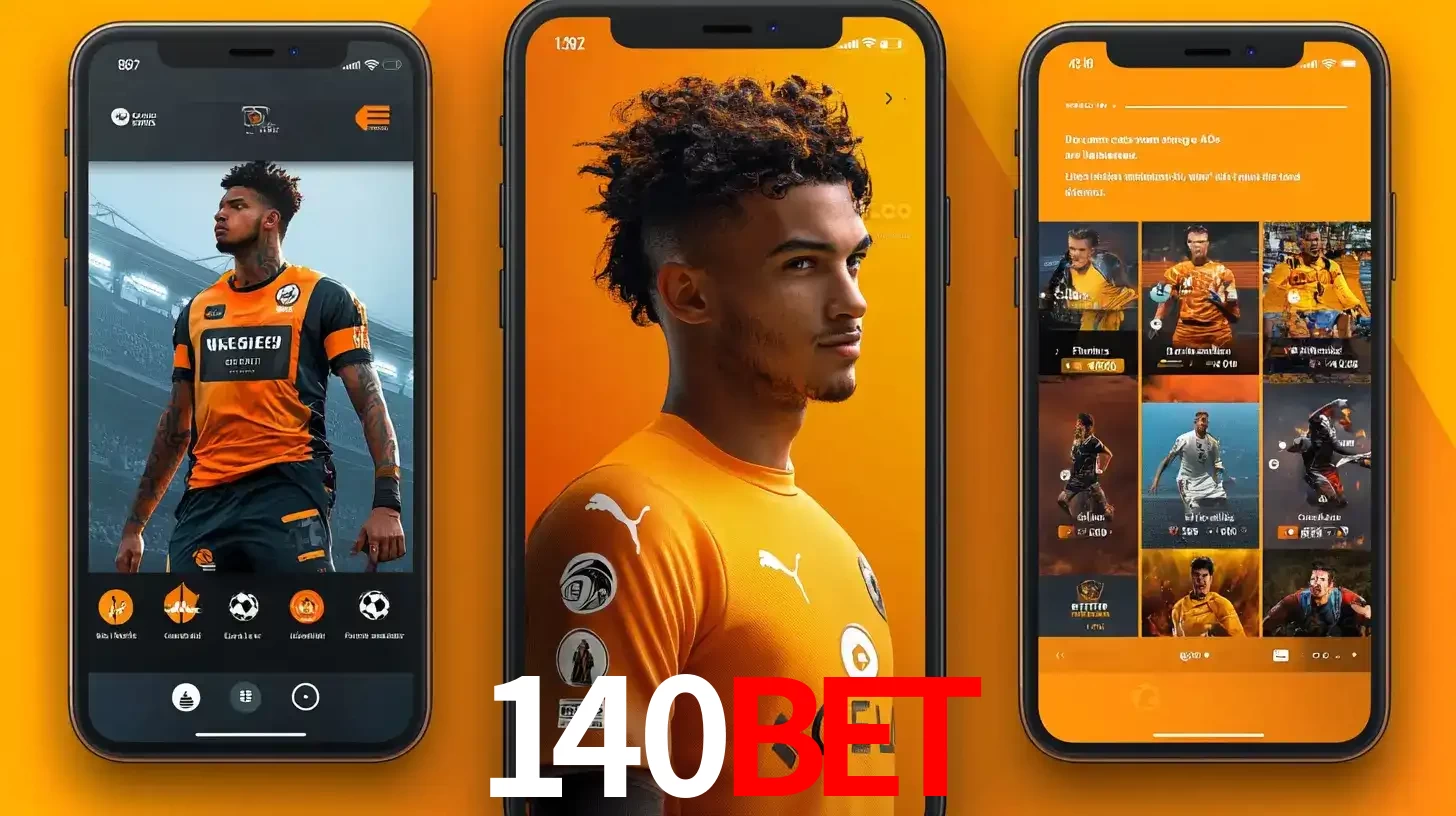 Interface do aplicativo de apostas esportivas 140BET em três telas de celular, mostrando o perfil de um jogador de futebol e a lista de jogos disponíveis para apostar.