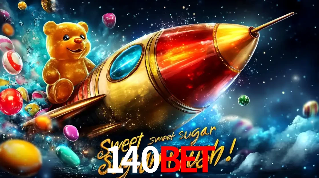 Arte promocional do jogo de slot Sugar Rush, com um urso de pelúcia em um foguete viajando pelo espaço de doces, um dos jogos divertidos disponíveis no cassino 140BET.