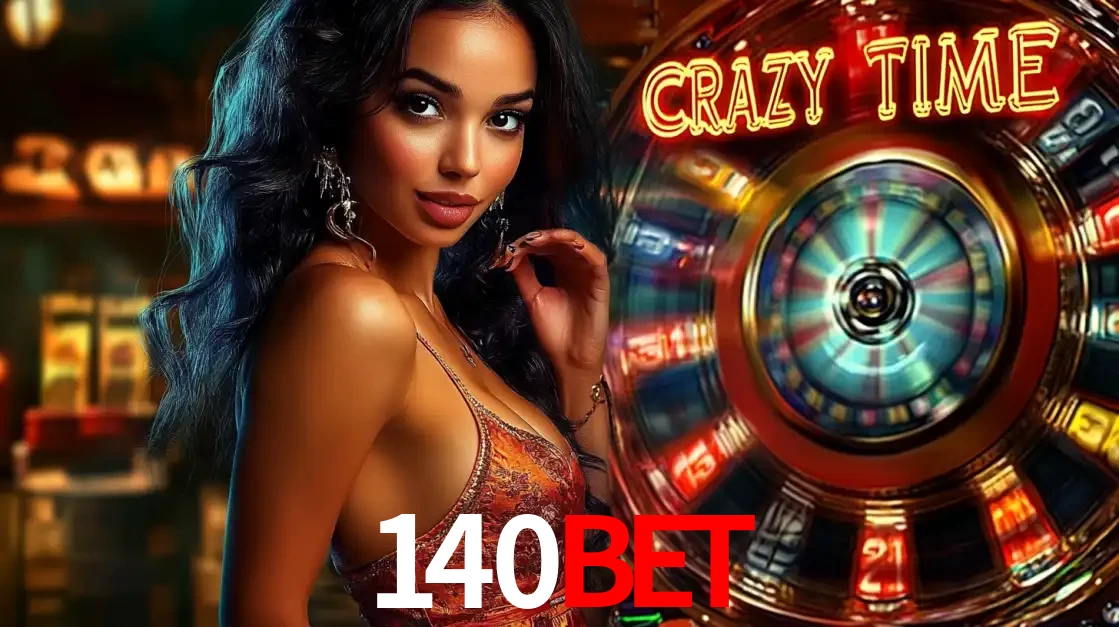 Mulher elegante ao lado da vibrante roda da fortuna do jogo de cassino ao vivo Crazy Time, um dos game shows mais populares e cheios de prêmios do 140BET.