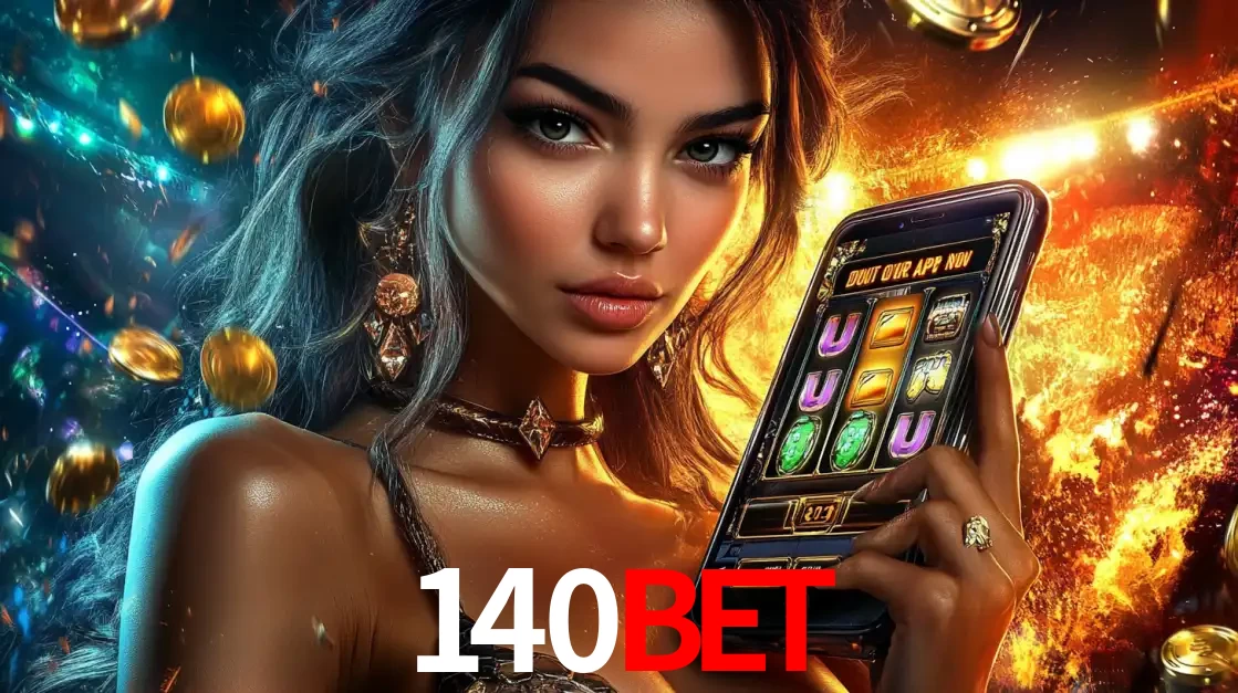 Mulher elegante mostrando um jogo de caça-níqueis em seu smartphone, destacando a experiência de cassino móvel oferecida pelo aplicativo 140BET.