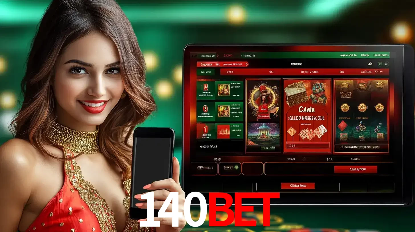 Mulher sorridente segurando um smartphone, ao lado de uma tela exibindo o lobby de jogos do cassino online 140BET, com várias opções de jogos de cartas e slots.